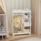 Armario con espejo para disfraces infantiles, organizador de madera con barra para colgar, ganchos y estantes, blanco
