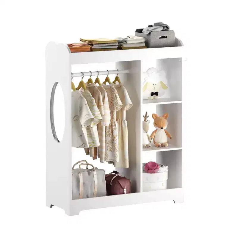 Armario con espejo para disfraces infantiles, organizador de madera con barra para colgar, ganchos y estantes, blanco