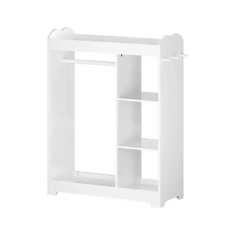 Armario con espejo para disfraces infantiles, organizador de madera con barra para colgar, ganchos y estantes, blanco