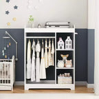 Armario con espejo para disfraces infantiles, organizador de madera con barra para colgar, ganchos y estantes, blanco