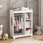 Armario con espejo para disfraces infantiles, organizador de madera con barra para colgar, ganchos y estantes, blanco