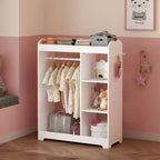 Armario con espejo para disfraces infantiles, organizador de madera con barra para colgar, ganchos y estantes, blanco