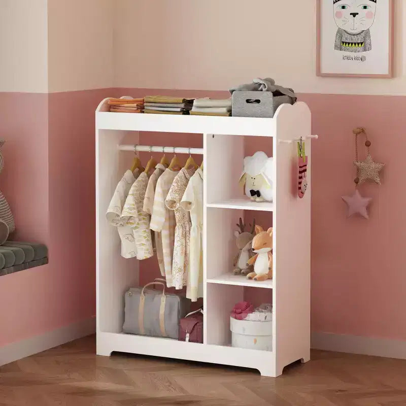 Armario con espejo para disfraces infantiles, organizador de madera con barra para colgar, ganchos y estantes, blanco
