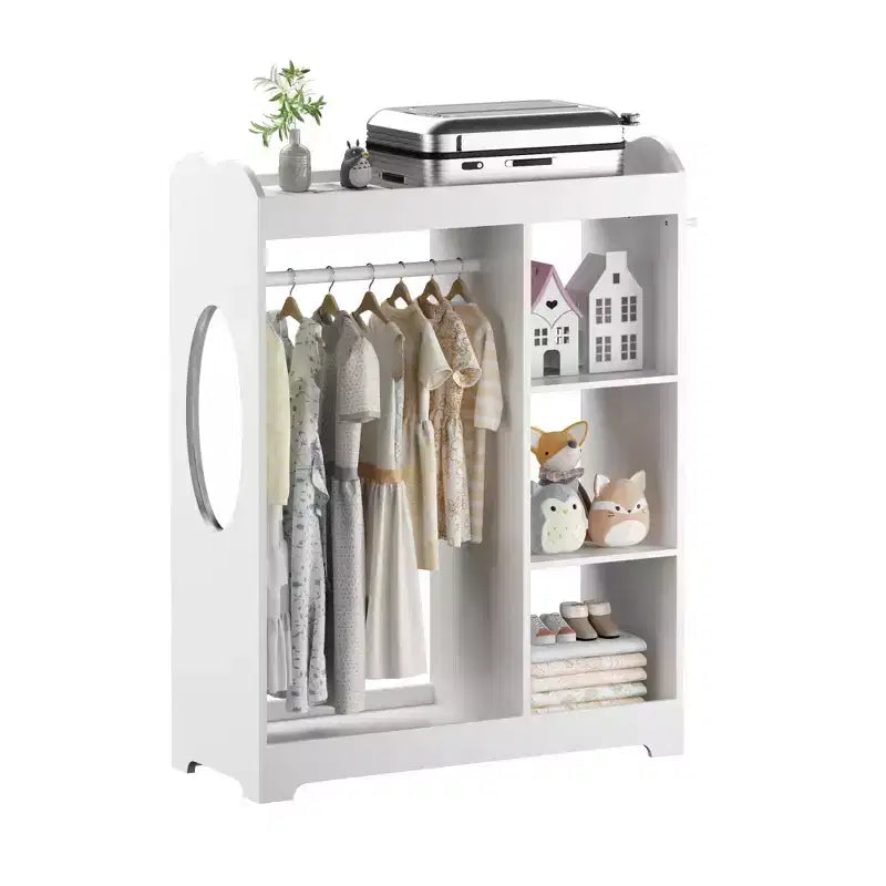 Armario con espejo para disfraces infantiles, organizador de madera con barra para colgar, ganchos y estantes, blanco