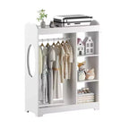 Armario con espejo para disfraces infantiles, organizador de madera con barra para colgar, ganchos y estantes, blanco
