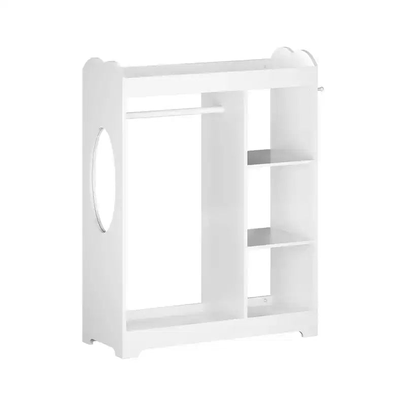 Armario con espejo para disfraces infantiles, organizador de madera con barra para colgar, ganchos y estantes, blanco