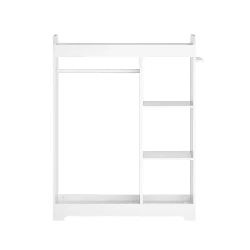 Armario con espejo para disfraces infantiles, organizador de madera con barra para colgar, ganchos y estantes, blanco