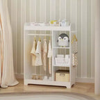 Armario con espejo para disfraces infantiles, organizador de madera con barra para colgar, ganchos y estantes, blanco
