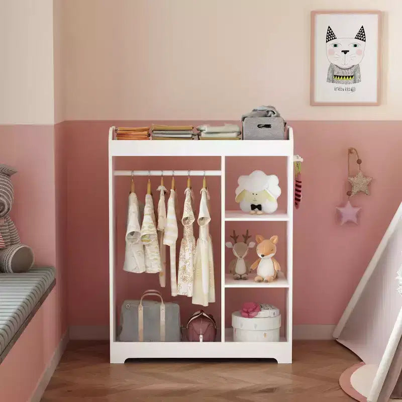 Armario con espejo para disfraces infantiles, organizador de madera con barra para colgar, ganchos y estantes, blanco