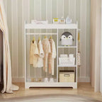 Armario con espejo para disfraces infantiles, organizador de madera con barra para colgar, ganchos y estantes, blanco