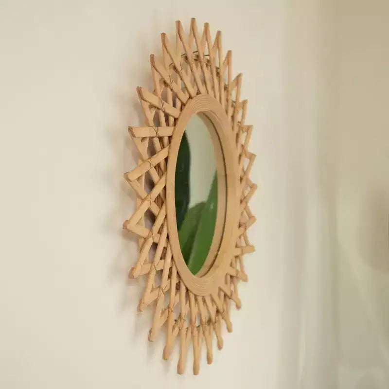 Espejo de pared decorativo de bambú redondo moderno de 24 pulgadas con artesanía tejida, espejo circular pequeño para recibidor o sala de estar - Panipeachy