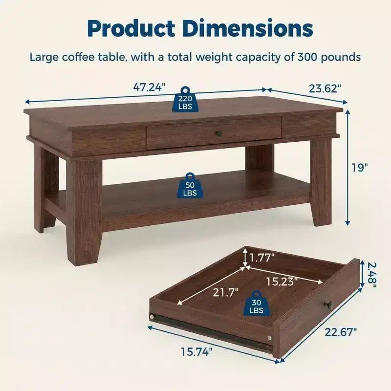 Mesa de centro rústica de 47.2 pulgadas, estilo casa de campo, capacidad de 300 lb, con cajón y estante de almacenamiento, perfecta para sala de estar (1 paquete)