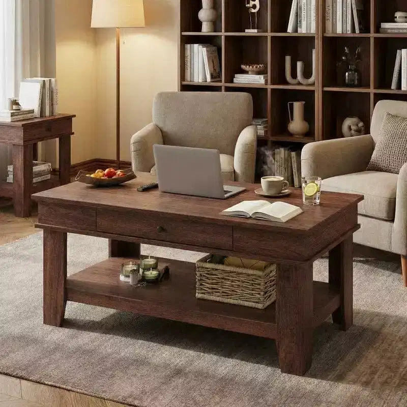 Mesa de centro rústica de 47.2 pulgadas, estilo casa de campo, capacidad de 300 lb, con cajón y estante de almacenamiento, perfecta para sala de estar (1 paquete)