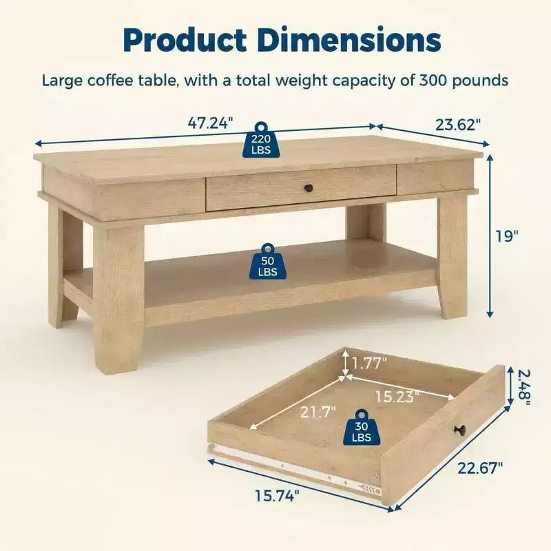 Mesa de centro rústica de 47.2 pulgadas, estilo casa de campo, capacidad de 300 lb, con cajón y estante de almacenamiento, perfecta para sala de estar (1 paquete)