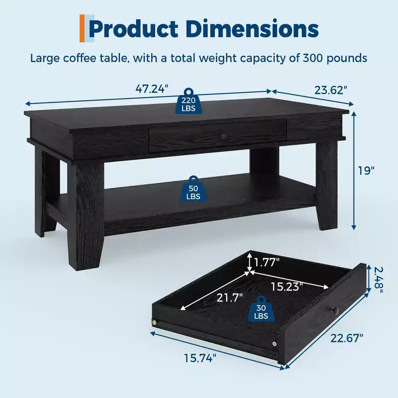 Mesa de centro rústica de 47.2 pulgadas, estilo casa de campo, capacidad de 300 lb, con cajón y estante de almacenamiento, perfecta para sala de estar (1 paquete)