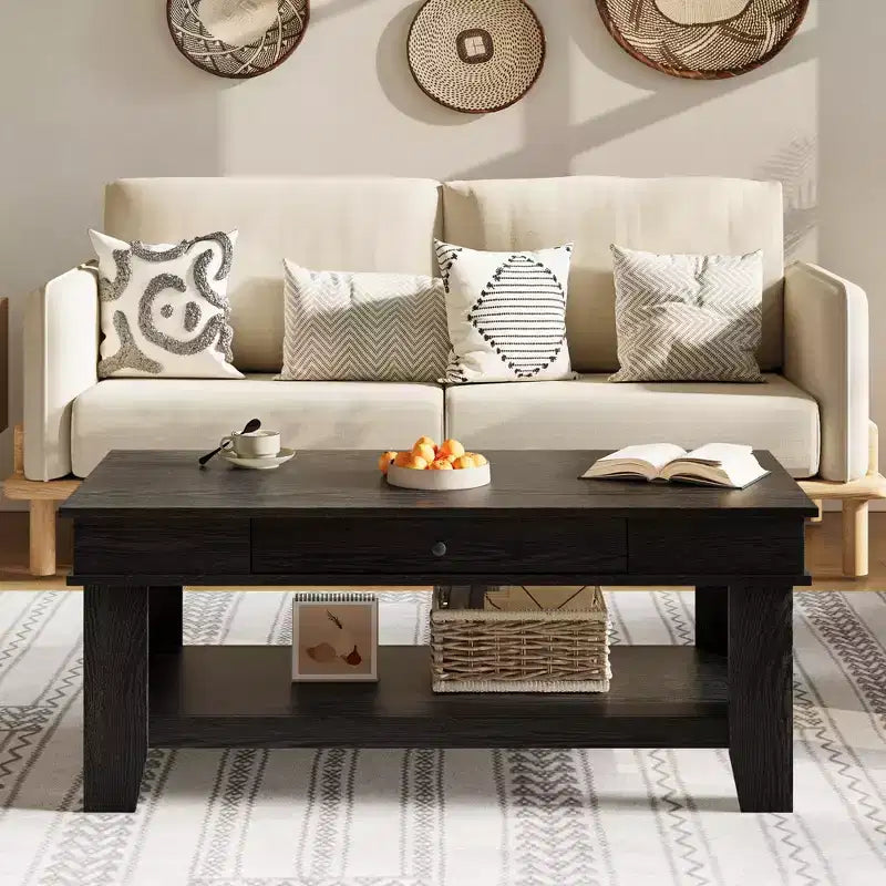 Mesa de centro rústica de 47.2 pulgadas, estilo casa de campo, capacidad de 300 lb, con cajón y estante de almacenamiento, perfecta para sala de estar (1 paquete)