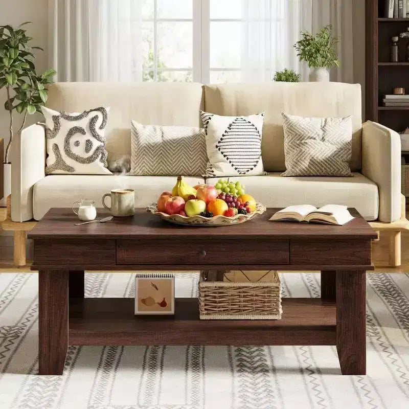 Mesa de centro rústica de 47.2 pulgadas, estilo casa de campo, capacidad de 300 lb, con cajón y estante de almacenamiento, perfecta para sala de estar (1 paquete)