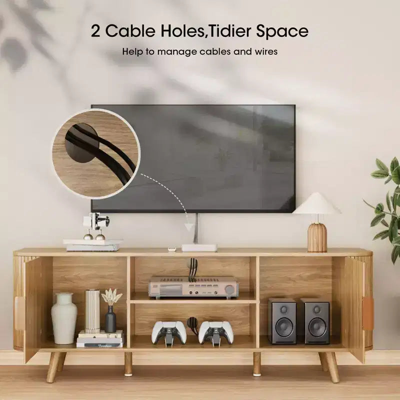 Mueble de TV de 55 pulgadas para dormitorio, sala de estar, soporte de TV de roble para TV de 65 pulgadas, gabinete moderno de mediados de siglo, detalle de madera estriada, gestión de cables
