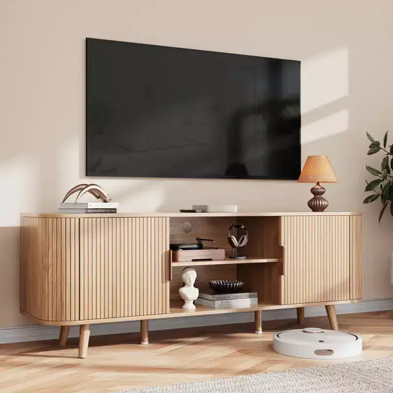 Mueble de TV de 55 pulgadas para dormitorio, sala de estar, soporte de TV de roble para TV de 65 pulgadas, gabinete moderno de mediados de siglo, detalle de madera estriada, gestión de cables