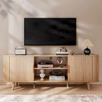 Mueble de TV de 55 pulgadas para dormitorio, sala de estar, soporte de TV de roble para TV de 65 pulgadas, gabinete moderno de mediados de siglo, detalle de madera estriada, gestión de cables