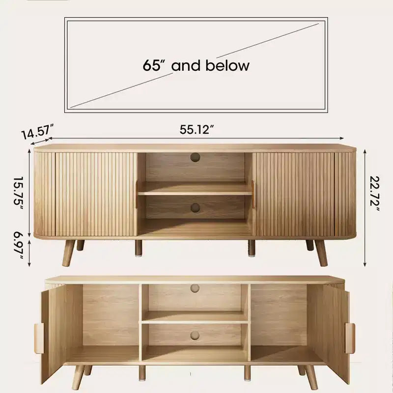 Mueble de TV de 55 pulgadas para dormitorio, sala de estar, soporte de TV de roble para TV de 65 pulgadas, gabinete moderno de mediados de siglo, detalle de madera estriada, gestión de cables
