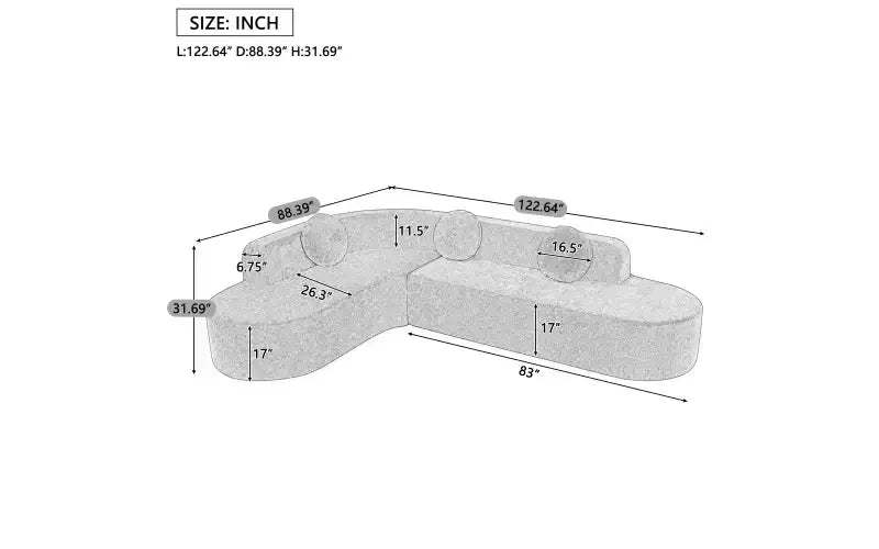 Sofá seccional extra grande Whisen de 122 pulgadas, sofá tapizado en tela elegante con tres cojines redondos, espuma de alta resiliencia