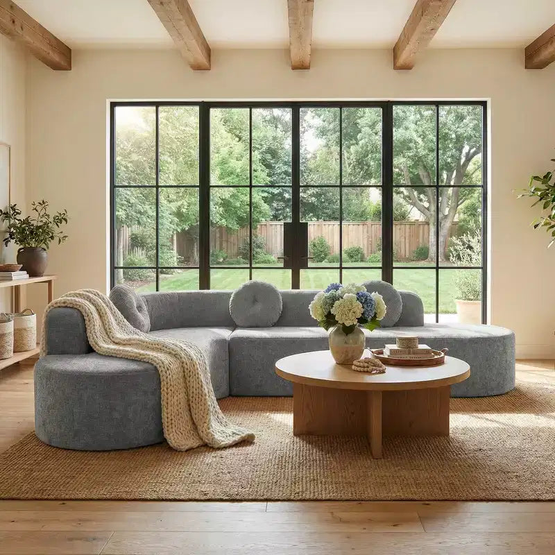Sofá seccional extra grande Whisen de 122 pulgadas, sofá tapizado en tela elegante con tres cojines redondos, espuma de alta resiliencia