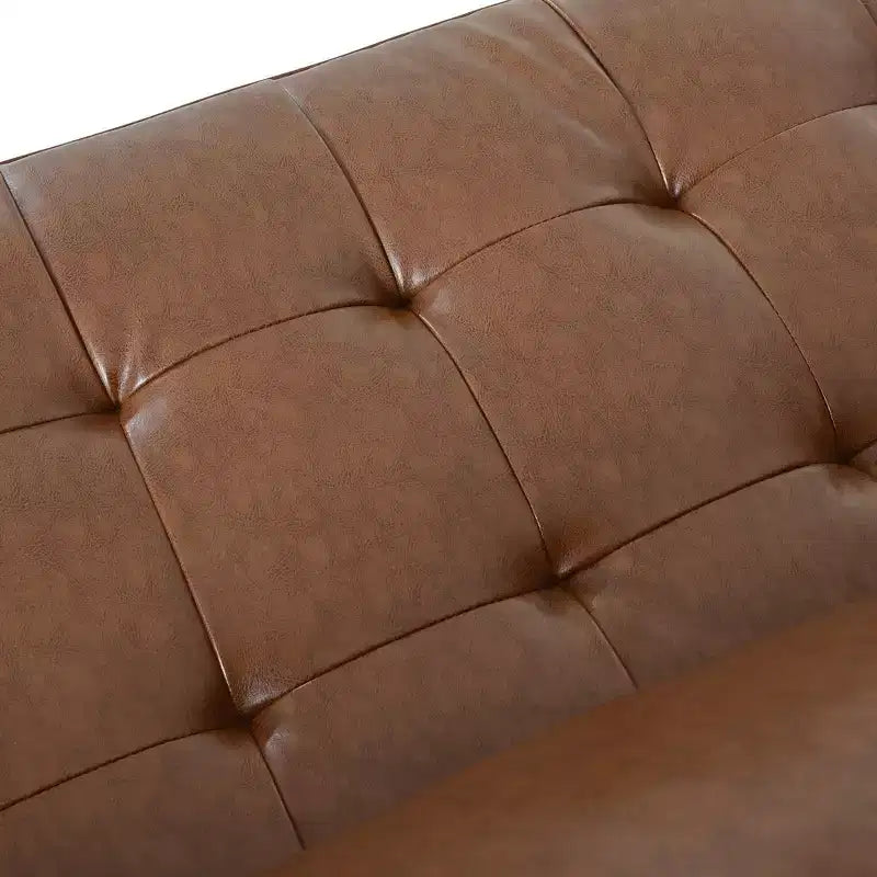 Sofá de 3 plazas Whisen de cuero sintético, sofá moderno de mediados de siglo con diseño capitoné, patas de madera maciza, 2 cojines cilíndricos