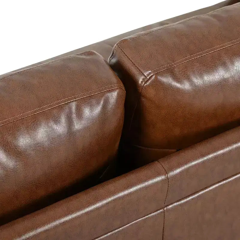 Sofá de 3 plazas Whisen de cuero sintético, sofá moderno de mediados de siglo con diseño capitoné, patas de madera maciza, 2 cojines cilíndricos