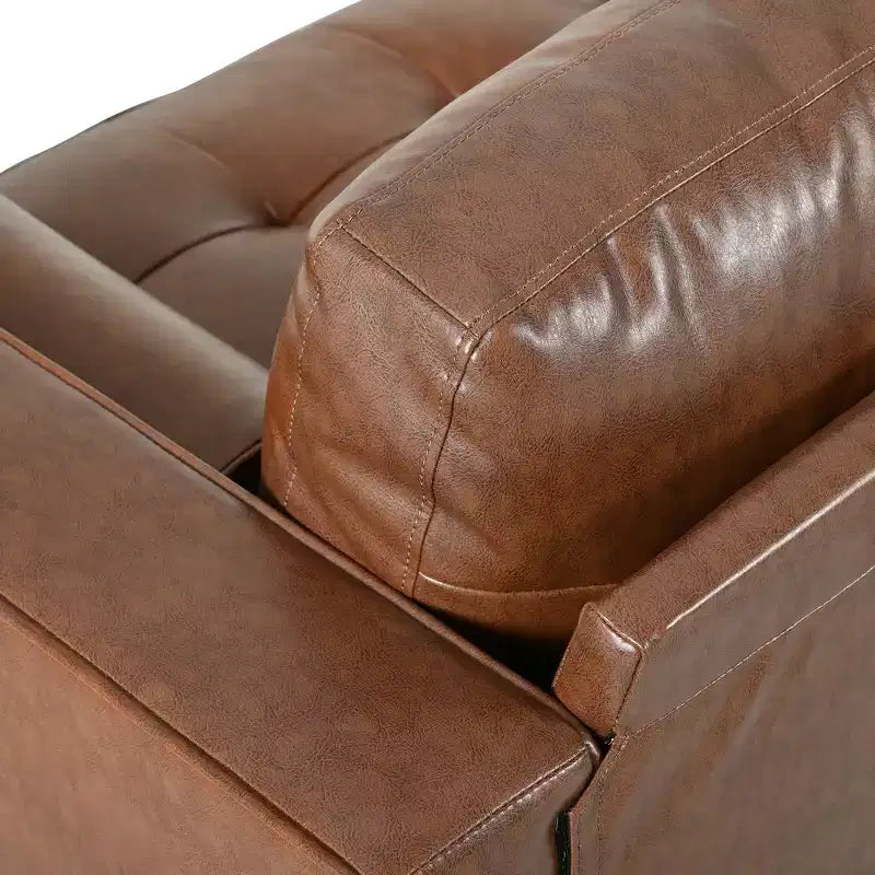 Sofá de 3 plazas Whisen de cuero sintético, sofá moderno de mediados de siglo con diseño capitoné, patas de madera maciza, 2 cojines cilíndricos