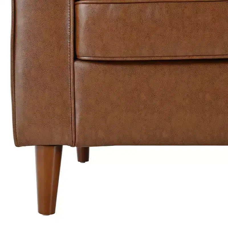 Sofá de 3 plazas Whisen de cuero sintético, sofá moderno de mediados de siglo con diseño capitoné, patas de madera maciza, 2 cojines cilíndricos