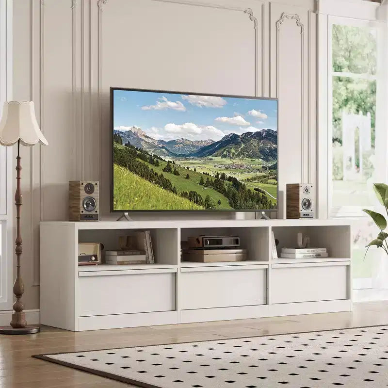 Mueble de TV Moderno de Mediados de Siglo de 70 pulgadas - Amplia Consola Multimedia para TV de 80 pulgadas, con Estantes Abiertos, Centro de Entretenimiento para Sala de Estar/Dormitorio