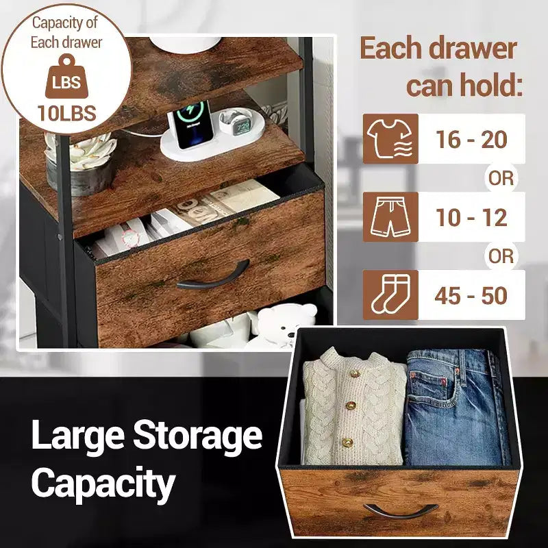 Cómoda de tela para dormitorio, 4 cajones, unidad de almacenamiento con estructura de acero resistente, cajones de cómoda con estante de almacenamiento abierto, mesita de noche para el hogar, la oficina