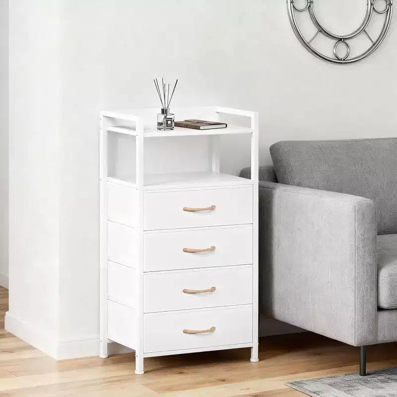Cómoda de tela para dormitorio, 4 cajones, unidad de almacenamiento con estructura de acero resistente, cajones de cómoda con estante de almacenamiento abierto, mesita de noche para el hogar, la oficina