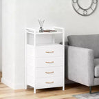 Cómoda de tela para dormitorio, 4 cajones, unidad de almacenamiento con estructura de acero resistente, cajones de cómoda con estante de almacenamiento abierto, mesita de noche para el hogar, la oficina