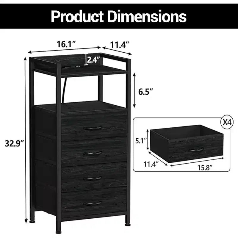 Cómoda de tela para dormitorio, 4 cajones, unidad de almacenamiento con estructura de acero resistente, cajones de cómoda con estante de almacenamiento abierto, mesita de noche para el hogar, la oficina