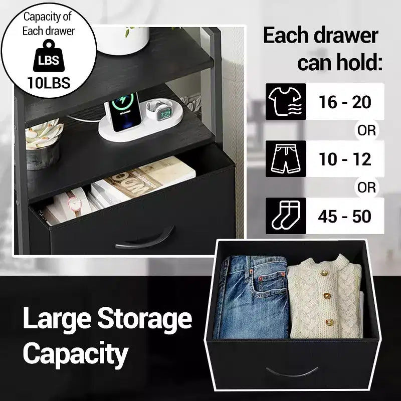 Cómoda de tela para dormitorio, 4 cajones, unidad de almacenamiento con estructura de acero resistente, cajones de cómoda con estante de almacenamiento abierto, mesita de noche para el hogar, la oficina