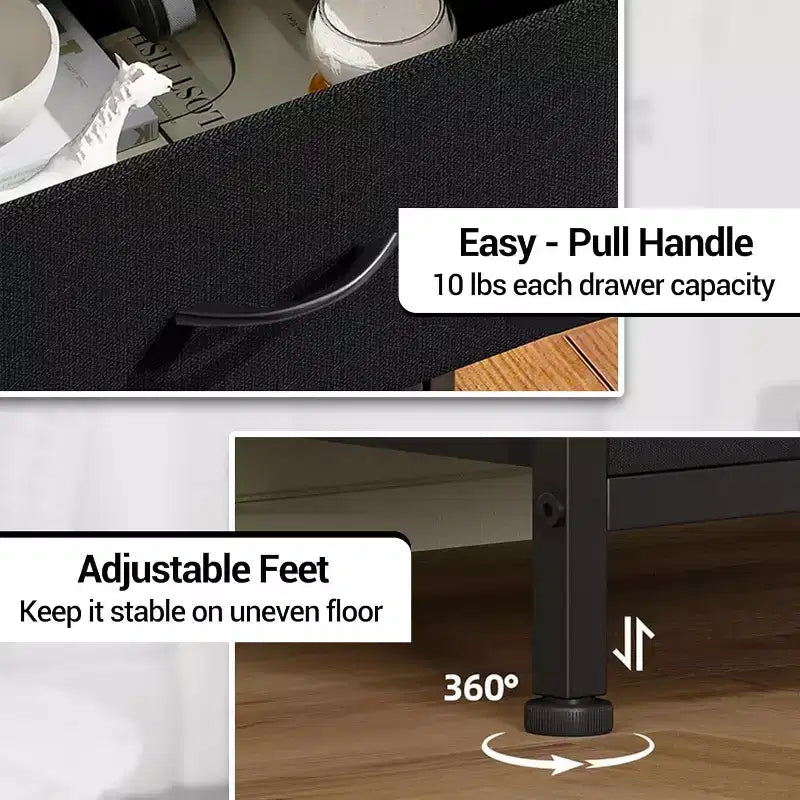 Cómoda de tela para dormitorio, 4 cajones, unidad de almacenamiento con estructura de acero resistente, cajones de cómoda con estante de almacenamiento abierto, mesita de noche para el hogar, la oficina