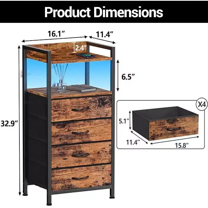 Cómoda de tela para dormitorio, 4 cajones, unidad de almacenamiento con estructura de acero resistente, cajones de cómoda con estante de almacenamiento abierto, mesita de noche para el hogar, la oficina