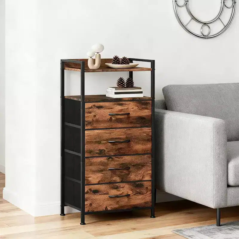 Cómoda de tela para dormitorio, 4 cajones, unidad de almacenamiento con estructura de acero resistente, cajones de cómoda con estante de almacenamiento abierto, mesita de noche para el hogar, la oficina