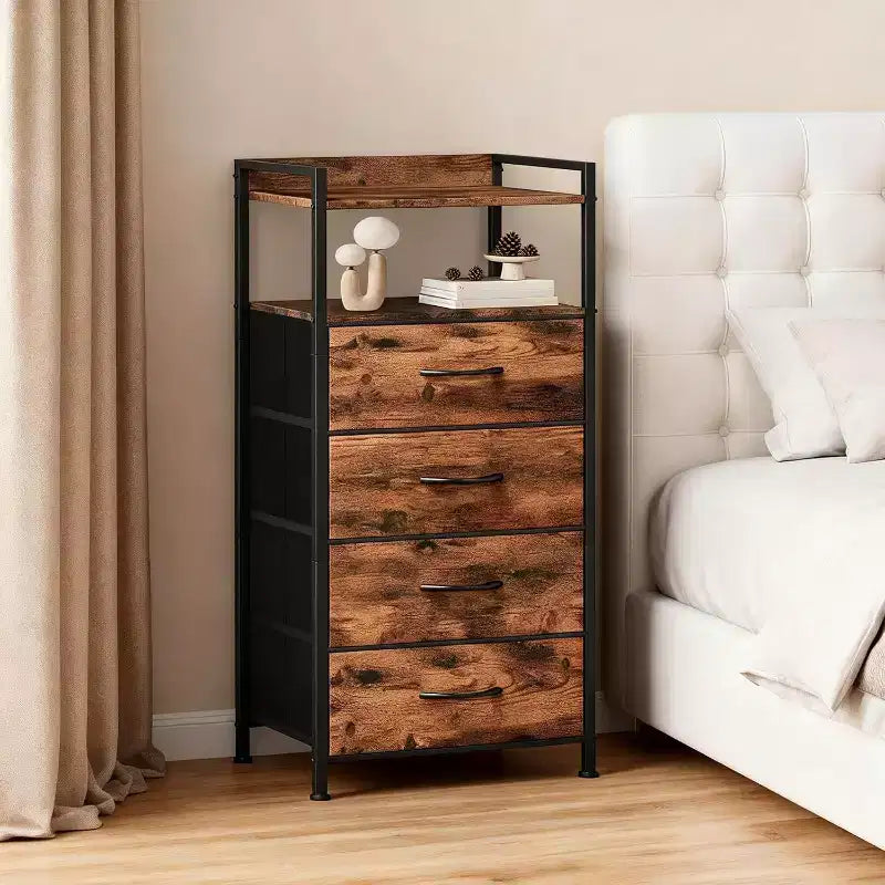 Cómoda de tela para dormitorio, 4 cajones, unidad de almacenamiento con estructura de acero resistente, cajones de cómoda con estante de almacenamiento abierto, mesita de noche para el hogar, la oficina