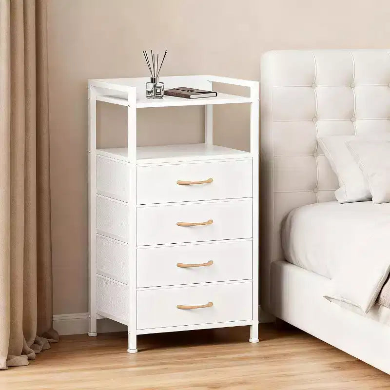 Cómoda de tela para dormitorio, 4 cajones, unidad de almacenamiento con estructura de acero resistente, cajones de cómoda con estante de almacenamiento abierto, mesita de noche para el hogar, la oficina