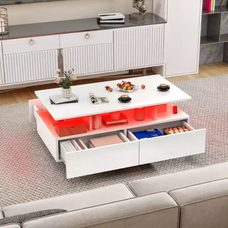 Mesa de café LED con almacenamiento y 4 cajones, mesas de café modernas de alto brillo para sala de estar, mesa de centro pequeña con estante de exhibición abierto, blanca
