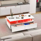 Mesa de café LED con almacenamiento y 4 cajones, mesas de café modernas de alto brillo para sala de estar, mesa de centro pequeña con estante de exhibición abierto, blanca