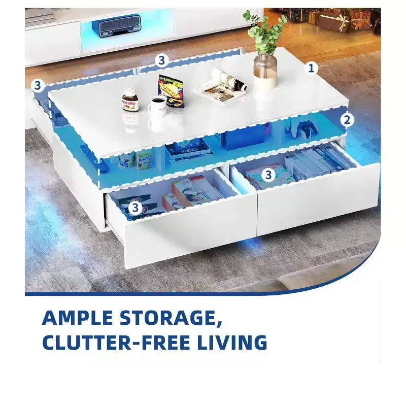 Mesa de café LED con almacenamiento y 4 cajones, mesas de café modernas de alto brillo para sala de estar, mesa de centro pequeña con estante de exhibición abierto, blanca