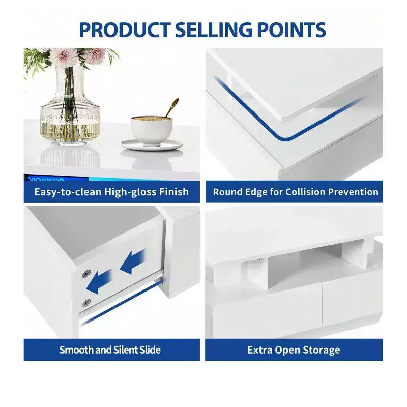 Mesa de café LED con almacenamiento y 4 cajones, mesas de café modernas de alto brillo para sala de estar, mesa de centro pequeña con estante de exhibición abierto, blanca