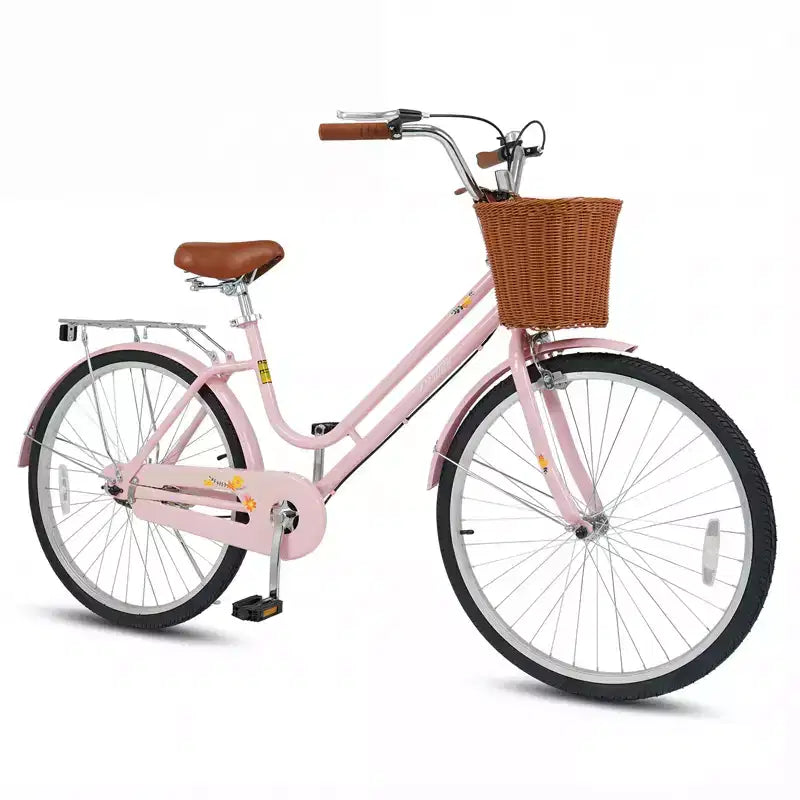 Bicicleta playera Gymax de 26 pulgadas con asiento ajustable, cesta tejida y portaequipajes trasero