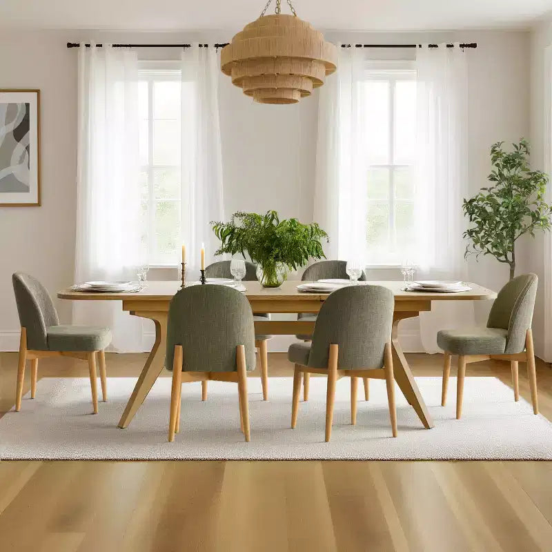 Juego de comedor de 7 piezas, mesa con pedestal extensible de 78-96 pulgadas con sillas tapizadas con patas de madera maciza-Panipeachy