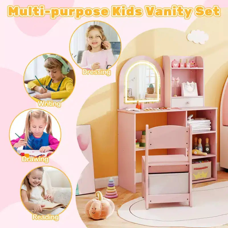 Costway Juego de tocador para niñas Princesas con espejo LED de 3 colores Rosa