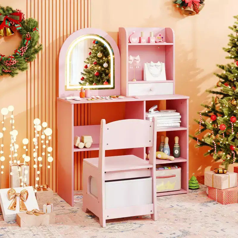 Costway Juego de tocador para niñas Princesas con espejo LED de 3 colores Rosa